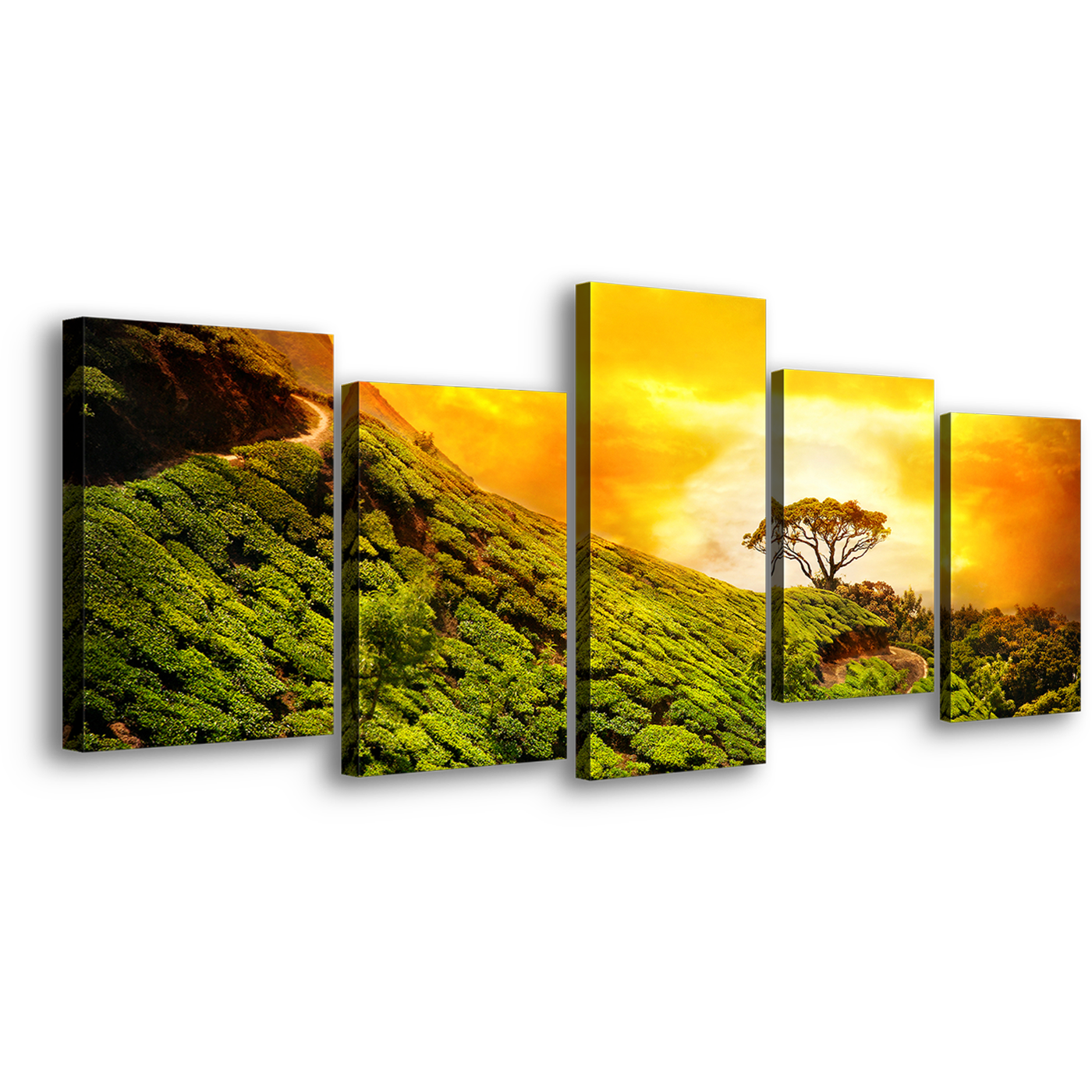 Contemporary Sunset Canvas Wall Art, Yellow Sky Kerala Alone Tree 5 Piece Canvas, Green Munnar Kerala Landscape Canvas Print