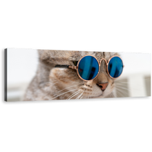 Load image into Gallery viewer, Cool Cat Canvas Wall Art, Cat Wearing Blue Sunglasses 1 Piece Canvas Artwork, Brown Cat Close Up Canvas Print
