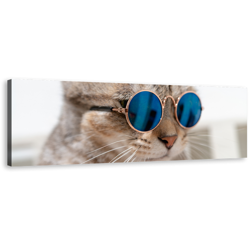 Cool Cat Canvas Wall Art, Cat Wearing Blue Sunglasses 1 Piece Canvas Artwork, Brown Cat Close Up Canvas Print