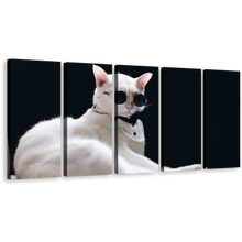 Load image into Gallery viewer, Cool Cat Canvas Wall Art, White Cat Posing 5 Piece Canvas, Cat Portrait in Black Background Canvas Print
