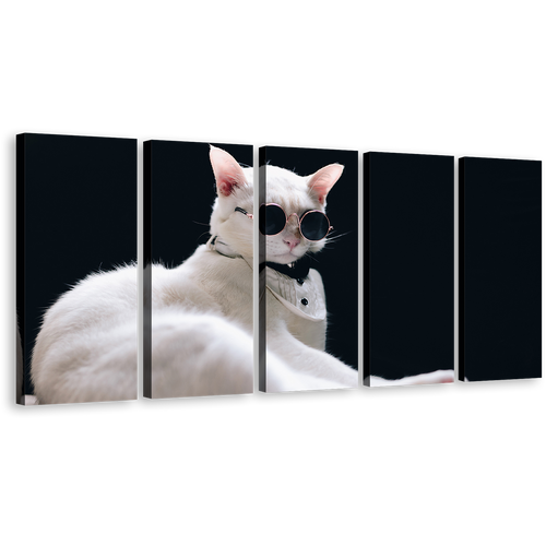 Cool Cat Canvas Wall Art, White Cat Posing 5 Piece Canvas, Cat Portrait in Black Background Canvas Print