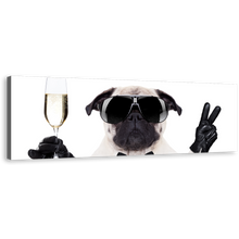 Load image into Gallery viewer, Cool Pug Canvas Wall Art, Black White Pug Dog 1 Piece Canvas Print, Dog With Glasses Wide Canvas
