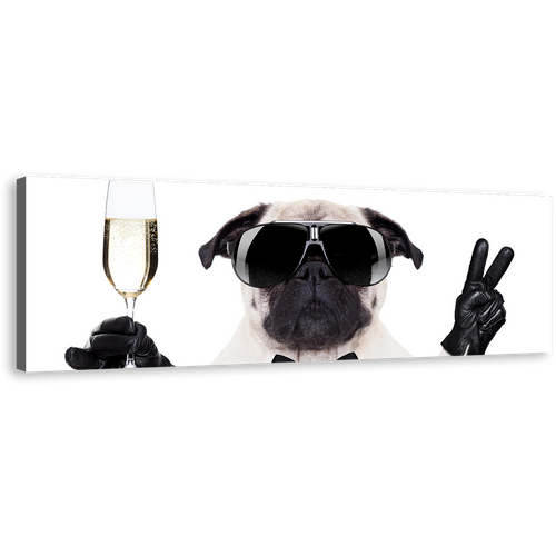 Cool Pug Canvas Wall Art, Black White Pug Dog 1 Piece Canvas Print, Dog With Glasses Wide Canvas