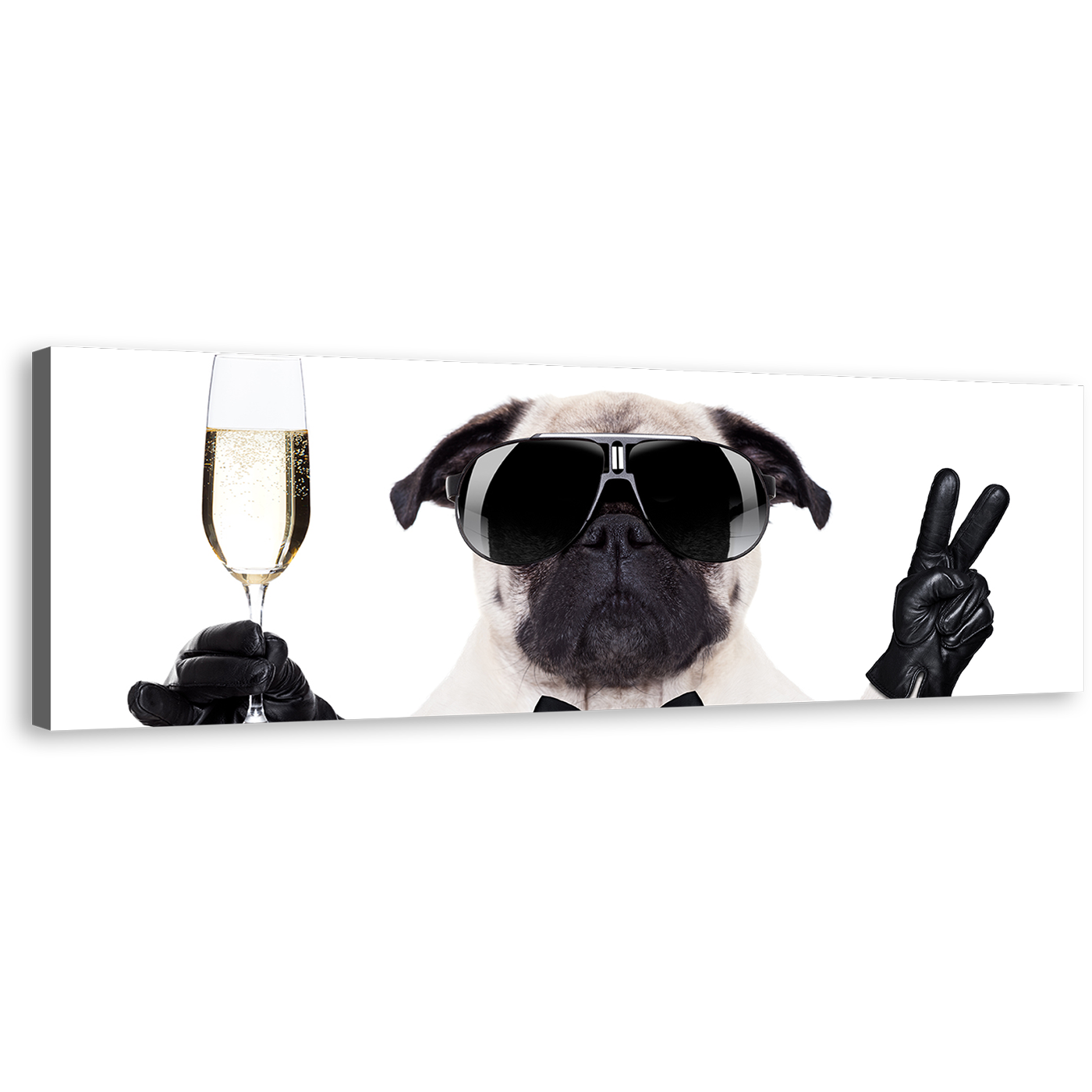 Cool Pug Canvas Wall Art, Black White Pug Dog 1 Piece Canvas Print, Dog With Glasses Wide Canvas