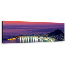 Load image into Gallery viewer, Copacabana Beach Canvas Print, Rio de Janeiro Orange Sky Wide Canvas, Purple Brazil Ocean City Beach 1 Piece Canvas Wall Art
