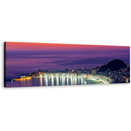 Copacabana Beach Canvas Print, Rio de Janeiro Orange Sky Wide Canvas, Purple Brazil Ocean City Beach 1 Piece Canvas Wall Art