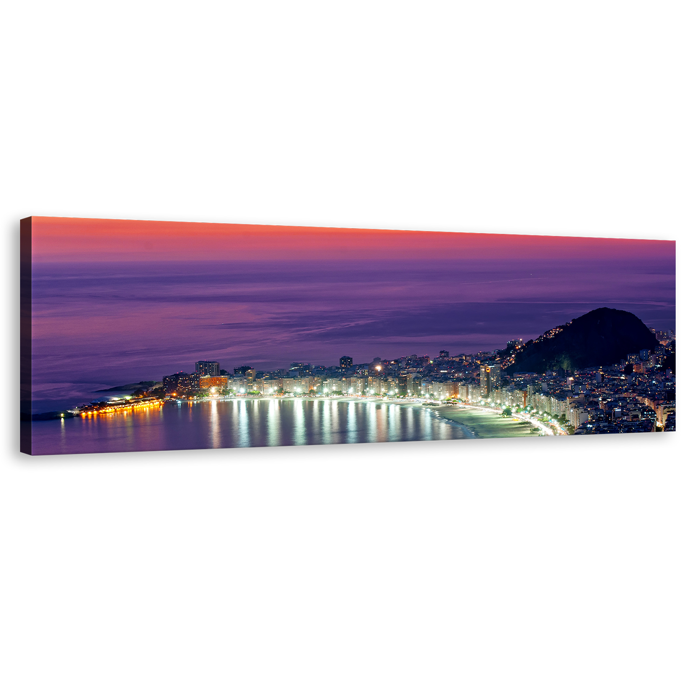 Copacabana Beach Canvas Print, Rio de Janeiro Orange Sky Wide Canvas, Purple Brazil Ocean City Beach 1 Piece Canvas Wall Art