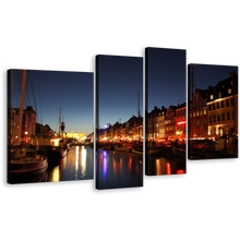 Load image into Gallery viewer, Copenhagen Harbor Canvas Wall Art, Blue Sky Kayak Houses Canvas Set, Light Canal 4 Piece Canvas Print, Orange Nyhavn Harbor Canvas Set
