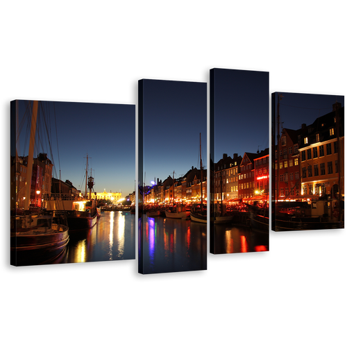 Copenhagen Harbor Canvas Wall Art, Blue Sky Kayak Houses Canvas Set, Light Canal 4 Piece Canvas Print, Orange Nyhavn Harbor Canvas Set