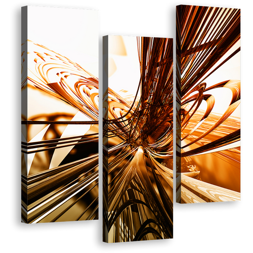 Copper Flux Canvas Print, 3D Modern Abstract Shapes and Orange Gold Light Patterns 3 Piece Canvas Wall Art