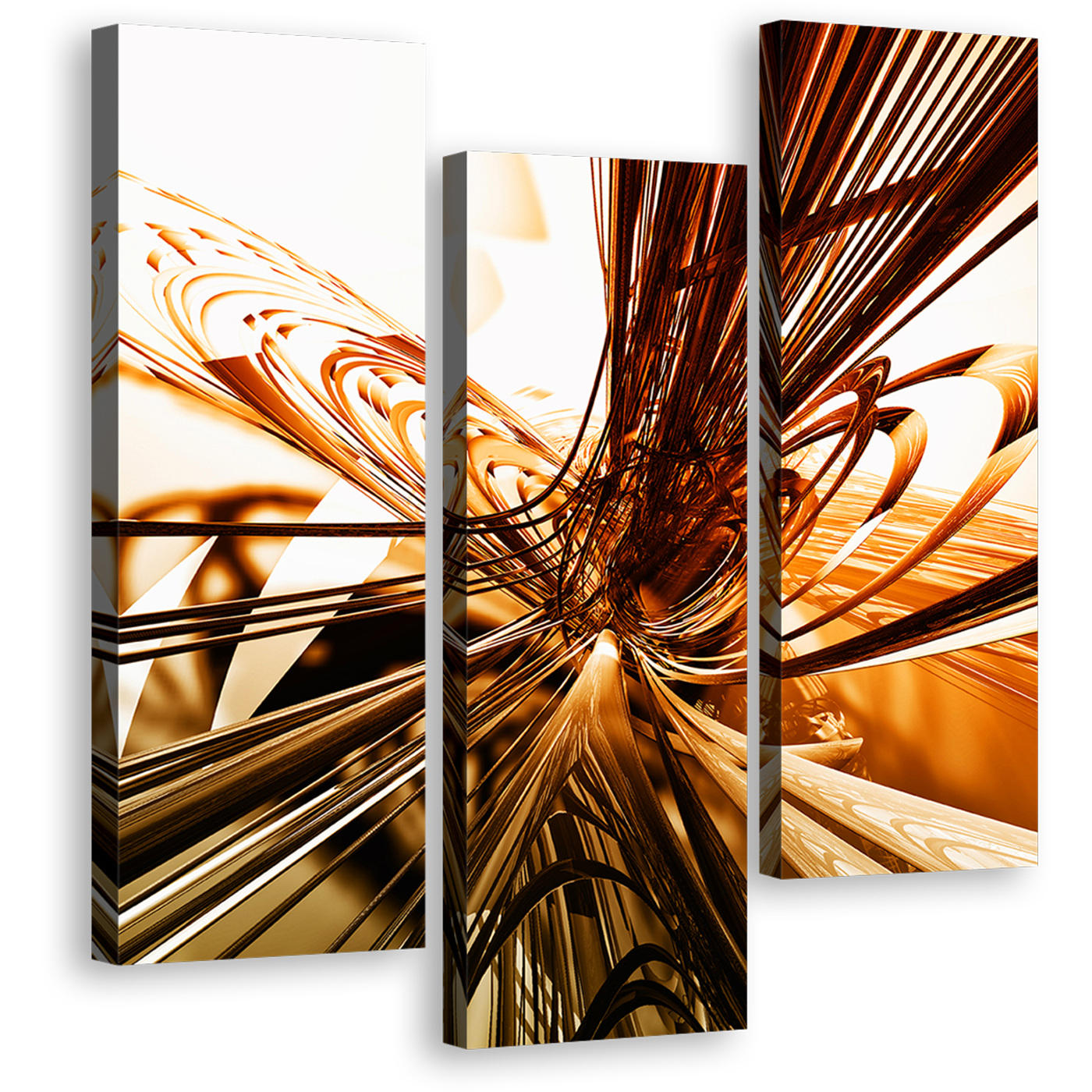 Copper Flux Canvas Print, 3D Modern Abstract Shapes and Orange Gold Light Patterns 3 Piece Canvas Wall Art