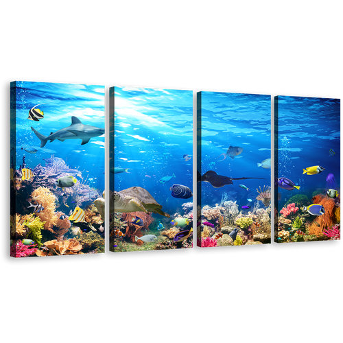 Coral Reef Canvas Print, Blue Underwater Scene 4 Piece Canvas Wall Art, Exotic Underwater Colorful Fish Canvas Set