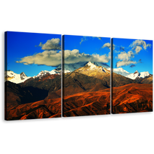 Load image into Gallery viewer, Cordillera Blanca Wall Art, Snow Covered Mountain Brown Orange Peru Landscape Canvas Set, Blue Cloudy Sky 3 Piece Multi Canvas
