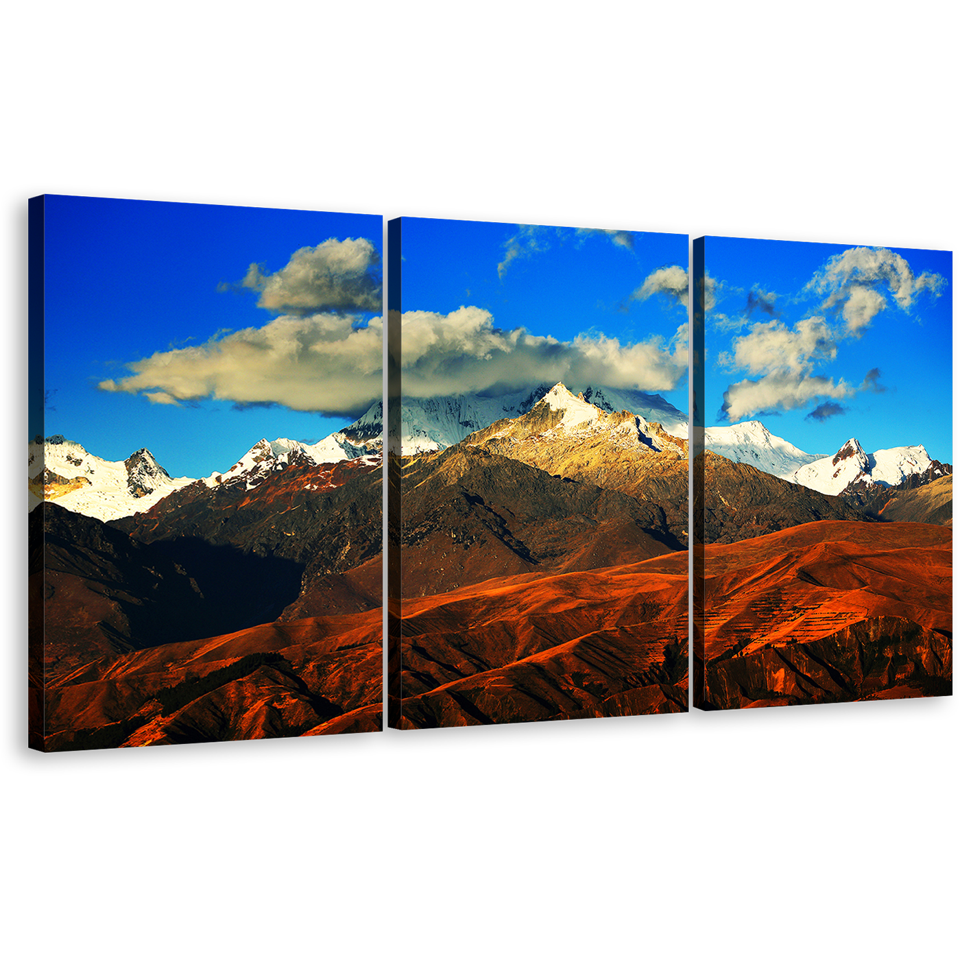 Cordillera Blanca Wall Art, Snow Covered Mountain Brown Orange Peru Landscape Canvas Set, Blue Cloudy Sky 3 Piece Multi Canvas