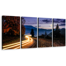 Load image into Gallery viewer, Countryside Road Canvas Print, Blue Mountains Landscape Trees Multi Canvas Artwork, Yellow Car Lights Trail 4 Piece Canvas Wall Art
