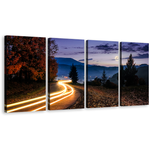 Countryside Road Canvas Print, Blue Mountains Landscape Trees Multi Canvas Artwork, Yellow Car Lights Trail 4 Piece Canvas Wall Art