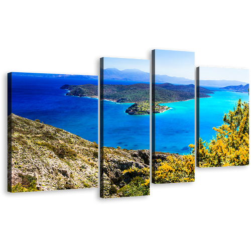 Crete Ocean Canvas Wall Art, Greece Blue Seascape 4 Piece Multiple Canvas, Green Island Spinalonga Canvas Print