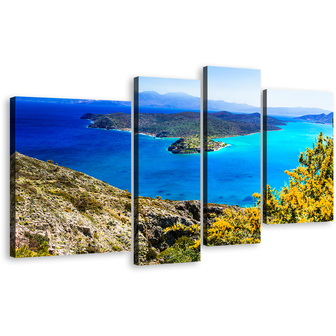 Crete Ocean Canvas Wall Art, Greece Blue Seascape 4 Piece Multiple Canvas, Green Island Spinalonga Canvas Print