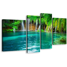 Load image into Gallery viewer, Croatia Nature Canvas Wall Art, National Park Blue Lake Waterfall Multi Canvas, Green Forest Waterfall Scenery 4 Piece Canvas Print
