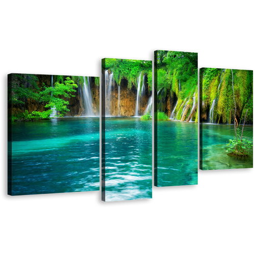 Croatia Nature Canvas Wall Art, National Park Blue Lake Waterfall Multi Canvas, Green Forest Waterfall Scenery 4 Piece Canvas Print