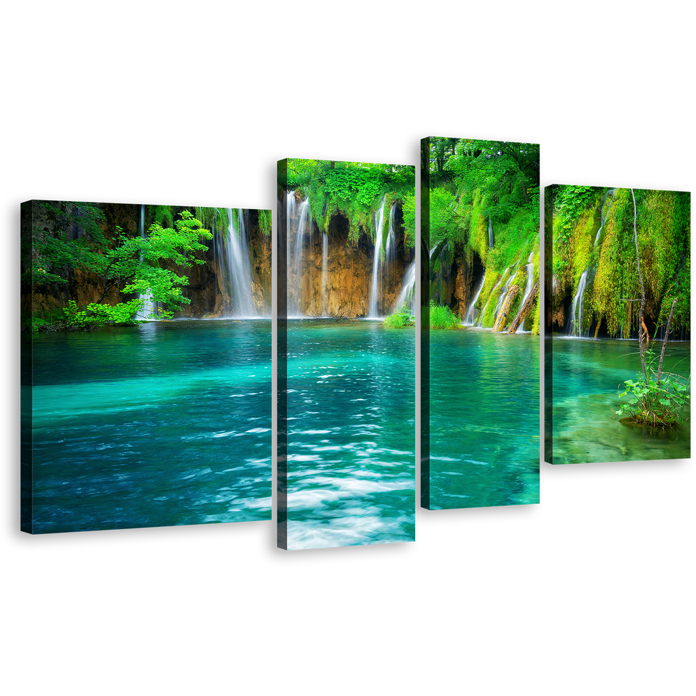 Croatia Nature Canvas Wall Art, National Park Blue Lake Waterfall Multi Canvas, Green Forest Waterfall Scenery 4 Piece Canvas Print