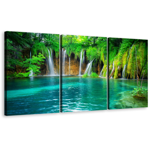 Croatia Waterfall Canvas Wall Art, Blue Plitvice Lakes 3 Piece Canvas Print, Green Nature Waterfall Scenery Canvas Set