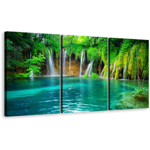 Croatia Waterfall Canvas Wall Art, Blue Plitvice Lakes 3 Piece Canvas Print, Green Nature Waterfall Scenery Canvas Set