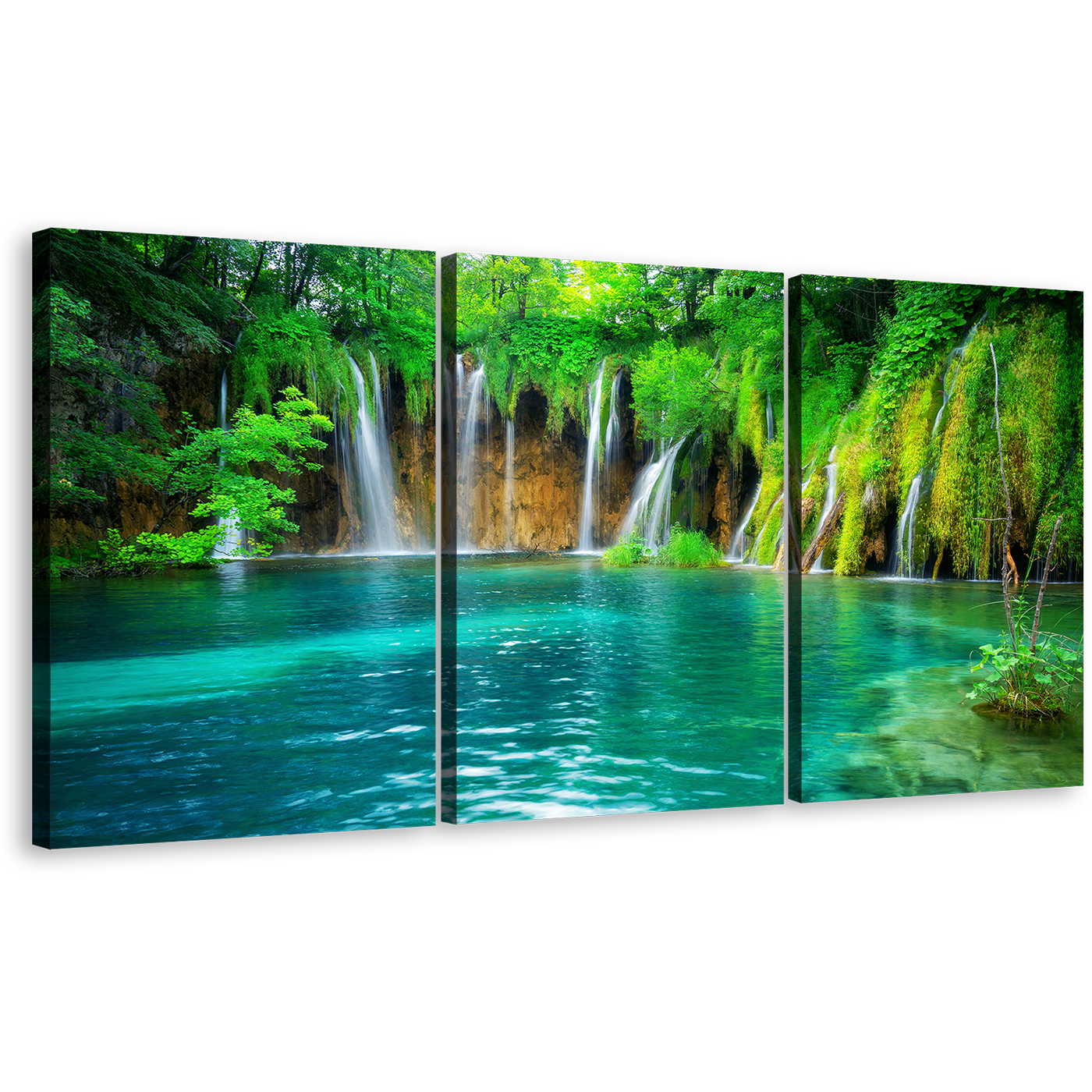 Croatia Waterfall Canvas Wall Art, Blue Plitvice Lakes 3 Piece Canvas Print, Green Nature Waterfall Scenery Canvas Set