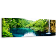 Load image into Gallery viewer, Croatia Waterfall Canvas Wall Art, Green Croatia Forest Waterfall River Wide Canvas Print, Deep Blue Forest River Panoramic Canvas
