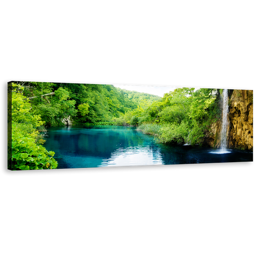 Croatia Waterfall Canvas Wall Art, Green Croatia Forest Waterfall River Wide Canvas Print, Deep Blue Forest River Panoramic Canvas