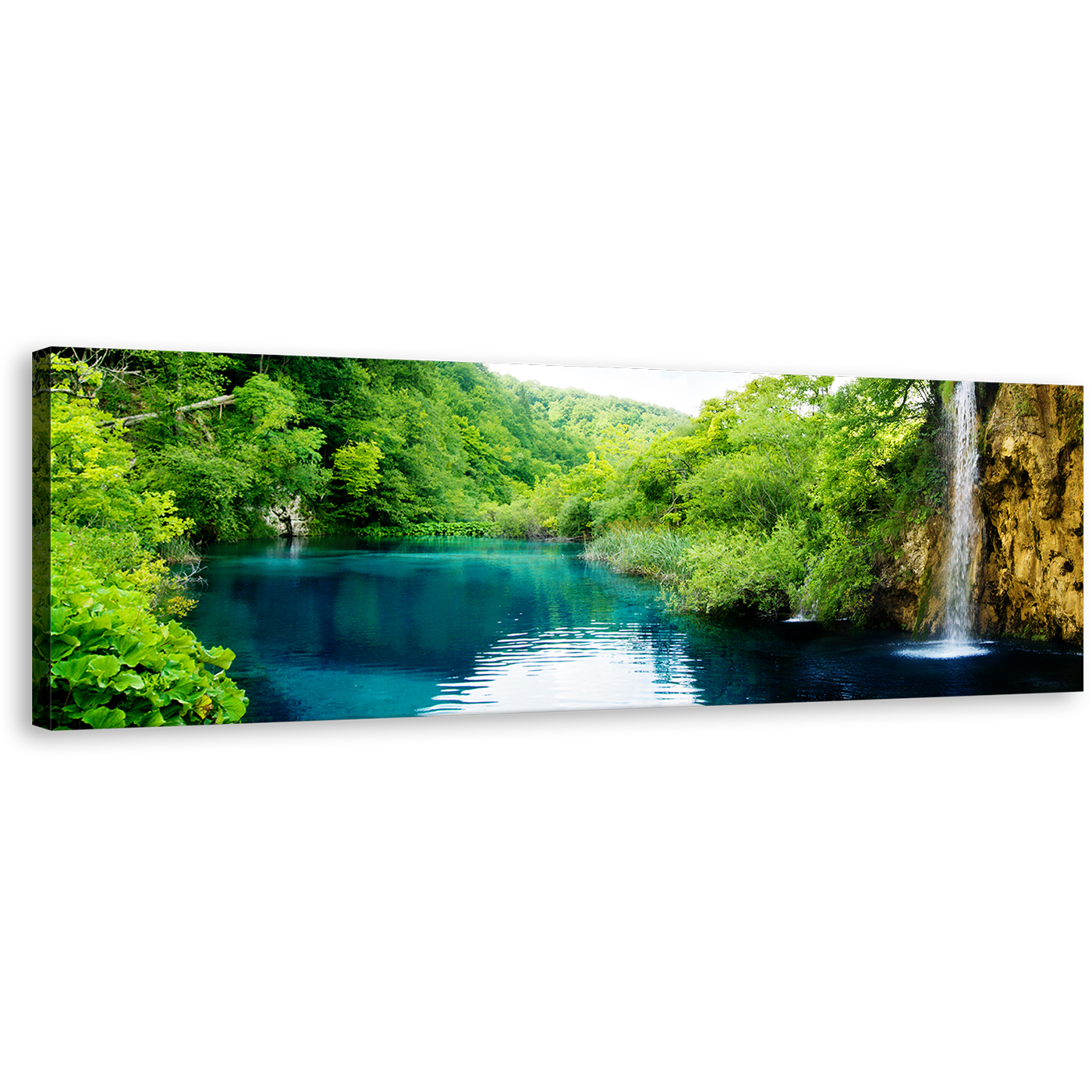 Croatia Waterfall Canvas Wall Art, Green Croatia Forest Waterfall River Wide Canvas Print, Deep Blue Forest River Panoramic Canvas