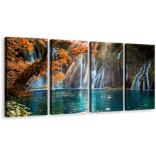 Load image into Gallery viewer, Croatia Waterfall Canvas Wall Art, Orange Trees Autumn Waterfall Canvas Print, Blue Plitvice Waterfall 4 Piece Multi Canvas
