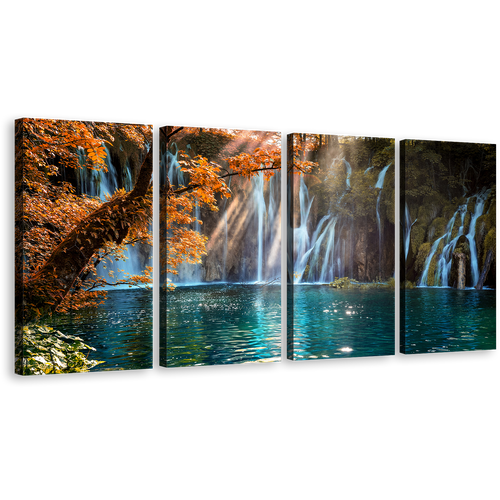 Croatia Waterfall Canvas Wall Art, Orange Trees Autumn Waterfall Canvas Print, Blue Plitvice Waterfall 4 Piece Multi Canvas