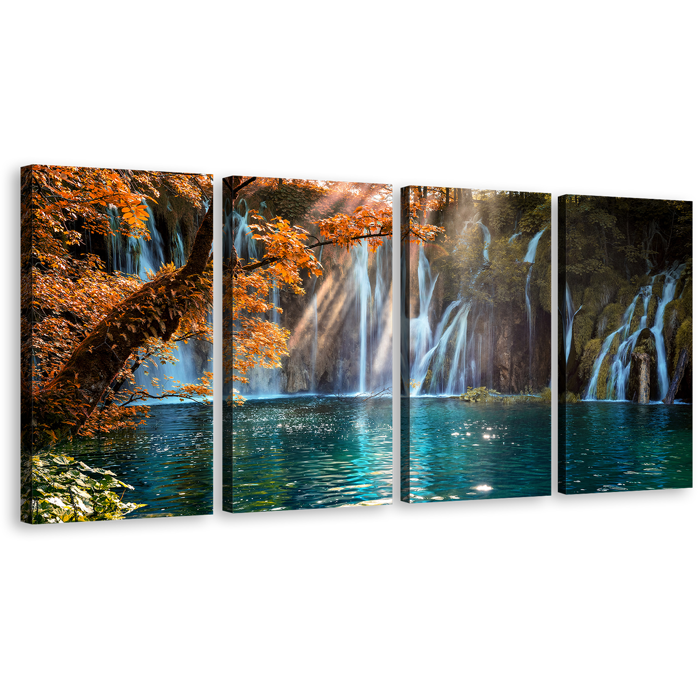 Croatia Waterfall Canvas Wall Art, Orange Trees Autumn Waterfall Canvas Print, Blue Plitvice Waterfall 4 Piece Multi Canvas