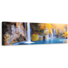 Load image into Gallery viewer, Croatia Waterfall Canvas Wall Art, Yellow Trees Autumn Waterfall Canvas Print, Blue Plitvice Waterfall 1 Piece Canvas Artwork
