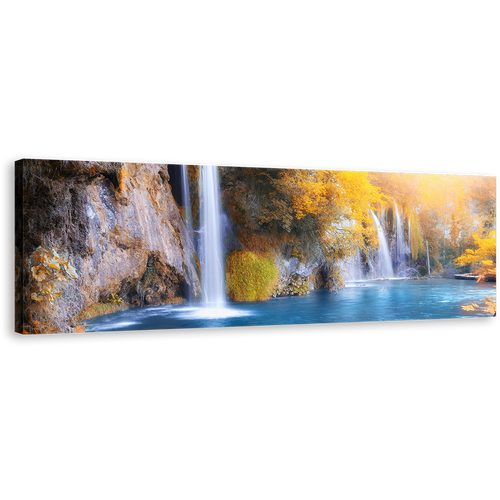 Croatia Waterfall Canvas Wall Art, Yellow Trees Autumn Waterfall Canvas Print, Blue Plitvice Waterfall 1 Piece Canvas Artwork