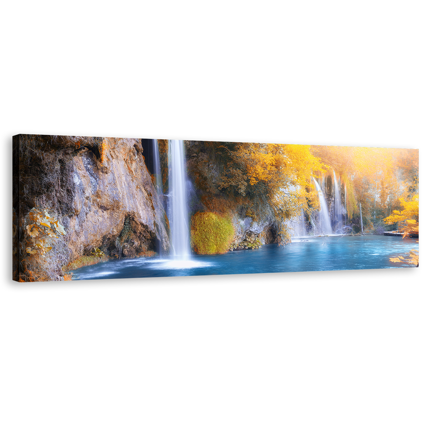 Croatia Waterfall Canvas Wall Art, Yellow Trees Autumn Waterfall Canvas Print, Blue Plitvice Waterfall 1 Piece Canvas Artwork