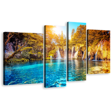 Load image into Gallery viewer, Croatia Waterfall Canvas Wall Art, Yellow Trees Sunset 4 Piece Canvas, Lakes National Park Waterfall Canvas Print, Blue Water Europe Nature Canvas Set
