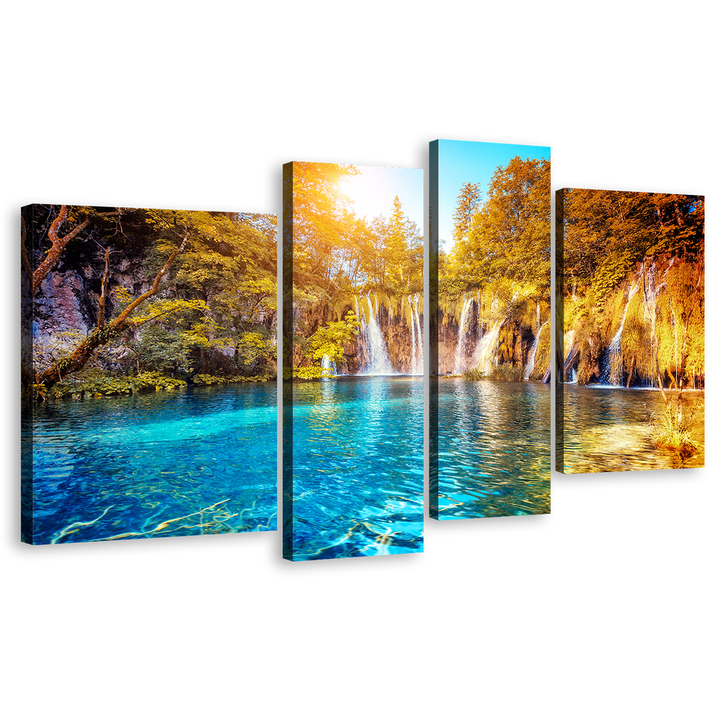 Croatia Waterfall Canvas Wall Art, Yellow Trees Sunset 4 Piece Canvas, Lakes National Park Waterfall Canvas Print, Blue Water Europe Nature Canvas Set