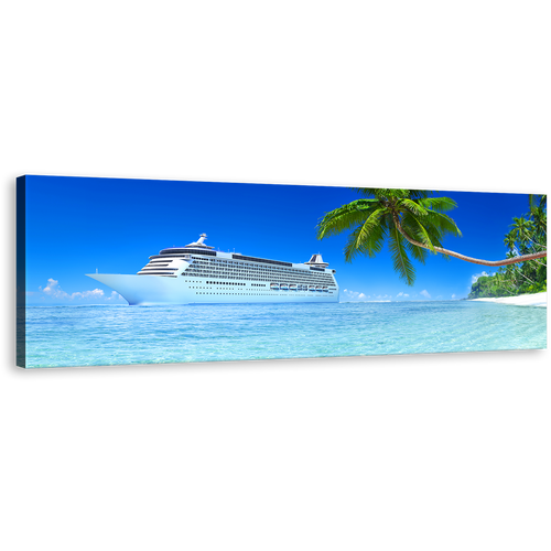 Cruise Ship Canvas Wall Art, Tropical Green Tree Island Canvas Print, Blue Sky Ship Seascape 1 Piece Multi Canvas Artwork