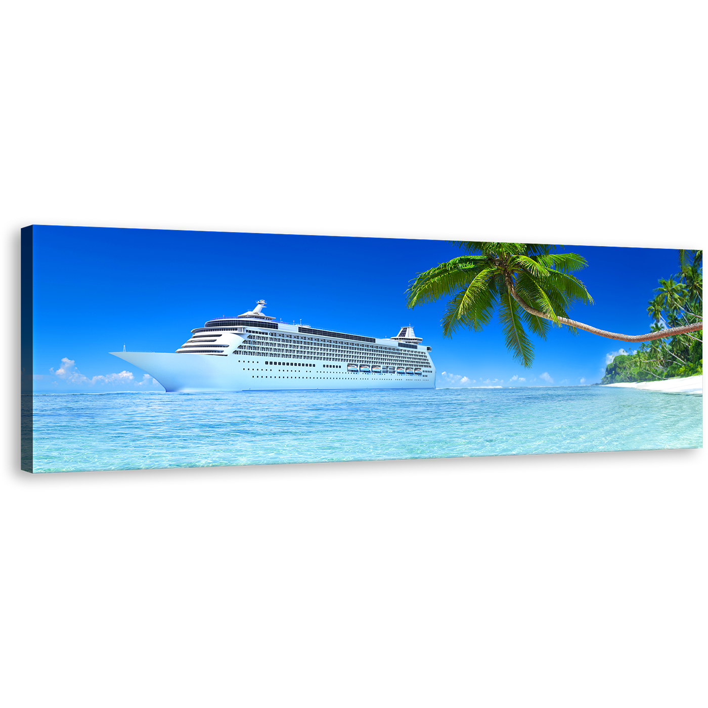 Cruise Ship Canvas Wall Art, Tropical Green Tree Island Canvas Print, Blue Sky Ship Seascape 1 Piece Multi Canvas Artwork