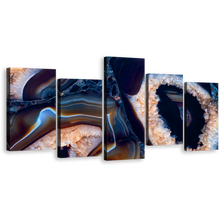 Load image into Gallery viewer, Crystal Stone Canvas Print, Blue Abstract Stone 5 Piece Canvas Wall Art, White Agate Stone Multiple Canvas
