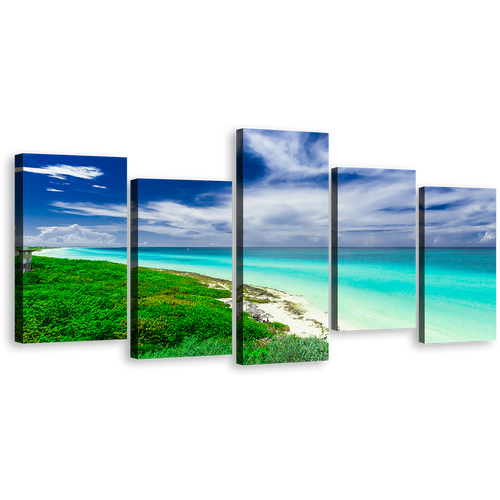 Cuba Beach Canvas Wall Art, Blue Cloudy Ocean Multi Canvas, Green Santa Maria Island Sea 5 Piece Canvas Print