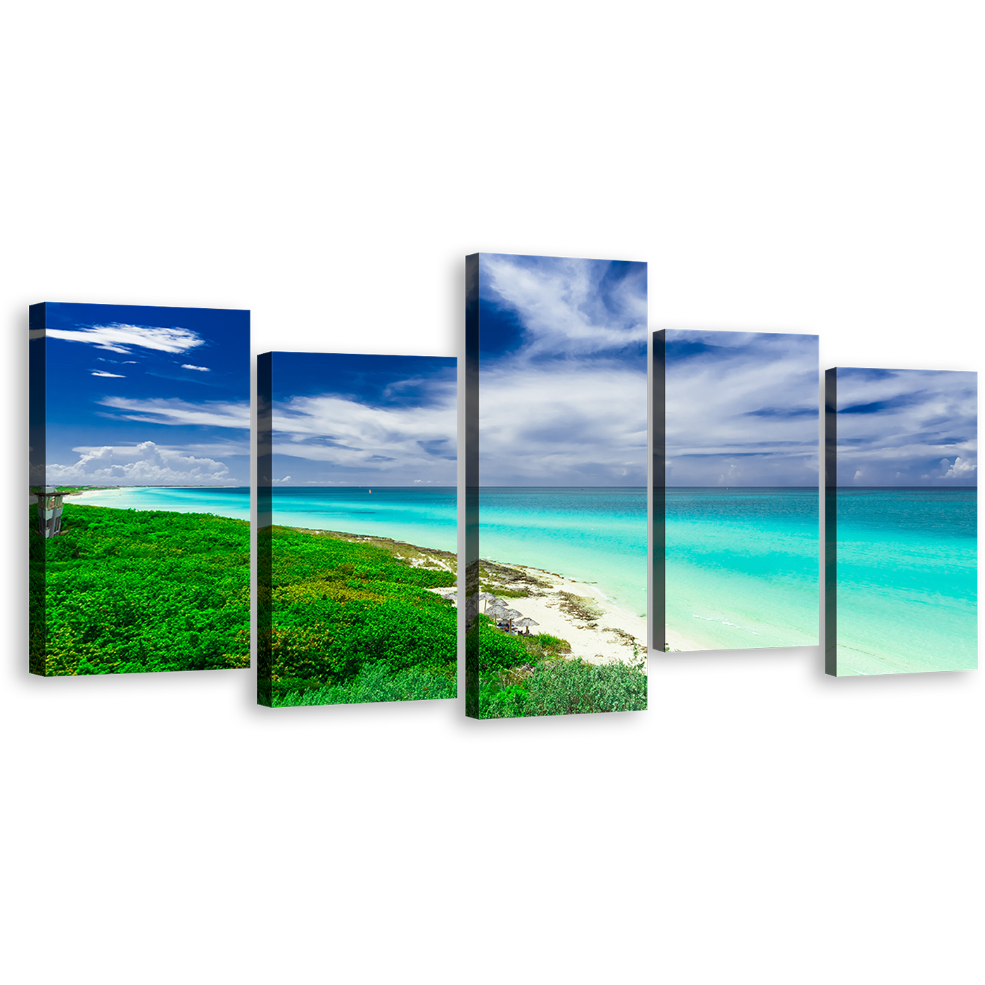 Cuba Beach Canvas Wall Art, Blue Cloudy Ocean Multi Canvas, Green Santa Maria Island Sea 5 Piece Canvas Print