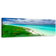 Load image into Gallery viewer, Cuba Ocean Canvas Wall Art, Green Santa Maria Island Panoramic Canvas Print, Blue Cloudy Sky Ocean Wide Canvas
