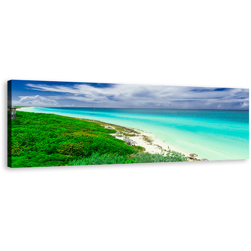 Cuba Ocean Canvas Wall Art, Green Santa Maria Island Panoramic Canvas Print, Blue Cloudy Sky Ocean Wide Canvas