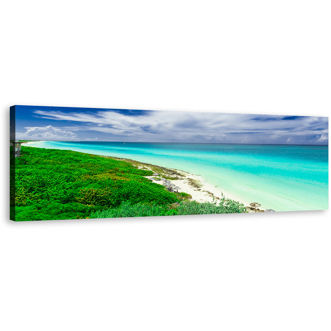 Cuba Ocean Canvas Wall Art, Green Santa Maria Island Panoramic Canvas Print, Blue Cloudy Sky Ocean Wide Canvas