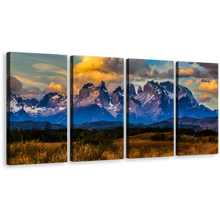 Load image into Gallery viewer, Cuernos Mountain Wall Art, Green Landscape Torres del Paine National Park Multiple Canvas, Beautiful Blue Mountains Clouds 4 Piece Canvas Set
