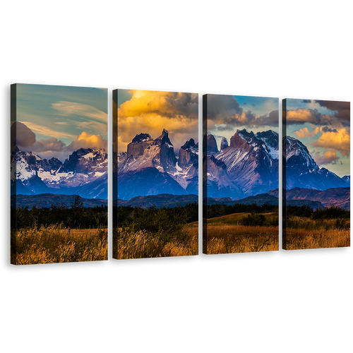 Cuernos Mountain Wall Art, Green Landscape Torres del Paine National Park Multiple Canvas, Beautiful Blue Mountains Clouds 4 Piece Canvas Set