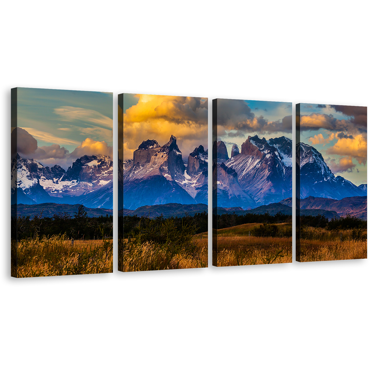 Cuernos Mountain Wall Art, Green Landscape Torres del Paine National Park Multiple Canvas, Beautiful Blue Mountains Clouds 4 Piece Canvas Set